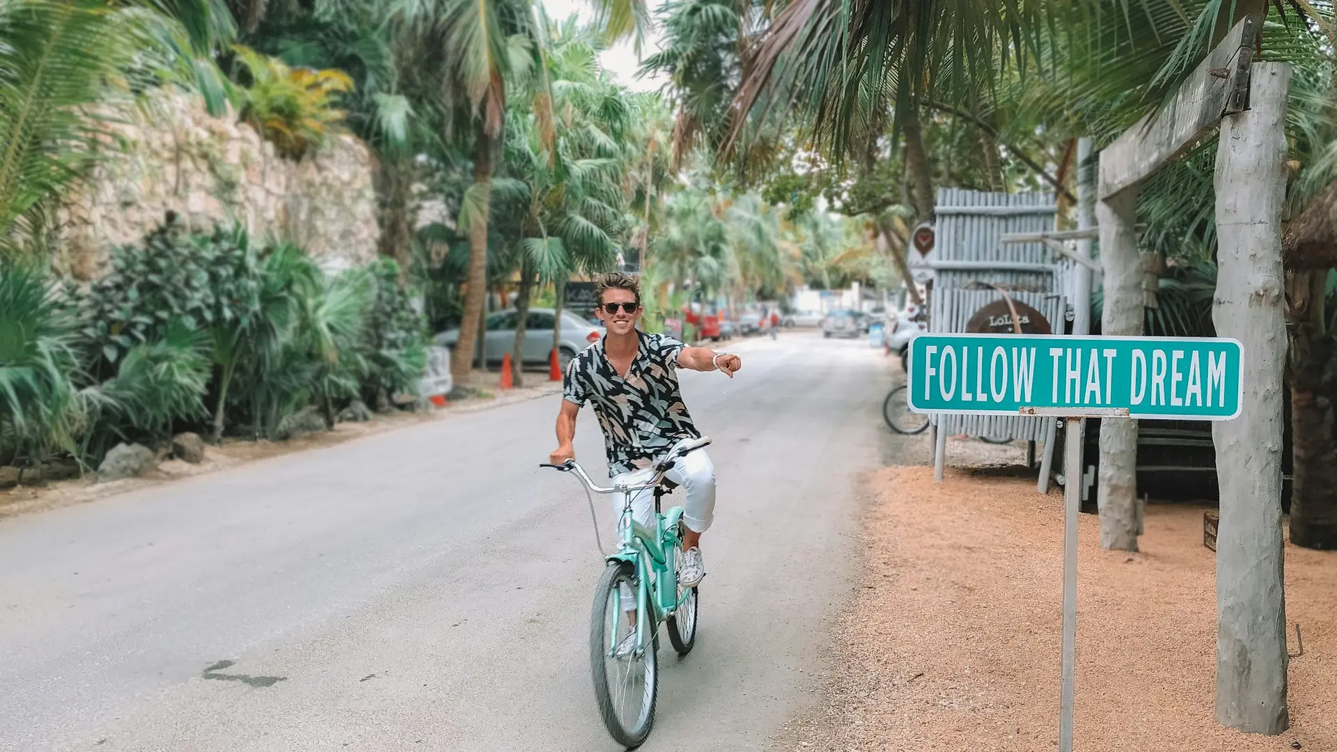 Nomad cycling down a palm lined street